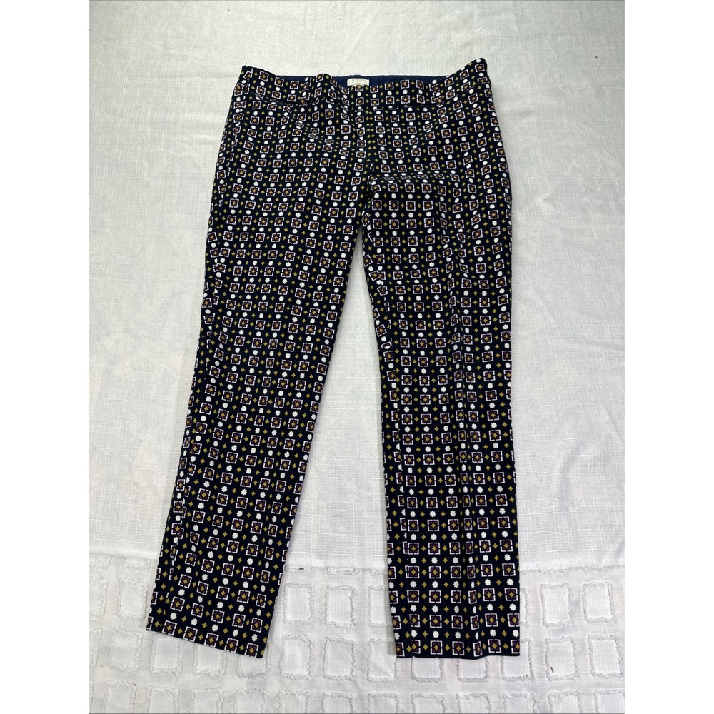 J.Crew Martie Stretch Slim Crop Pants Navy Blue Geometric Tile Print Size 8